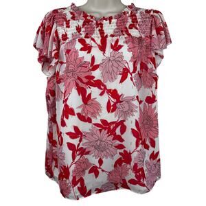 Talbots Blouse Top Floral Flutter Sleeve Smocked Ruffle Prairie Pink Red 1XP